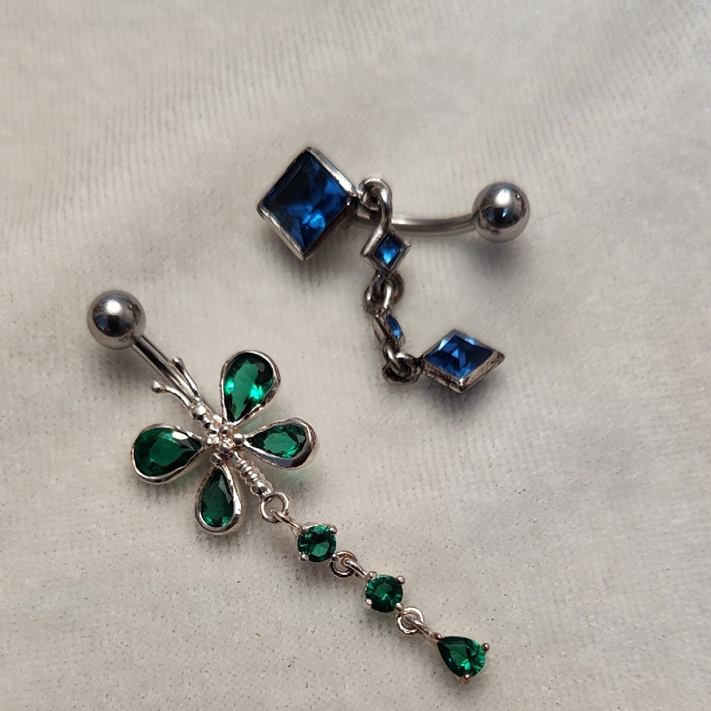Elegant Silver and Green Dragonfly Belly Ring